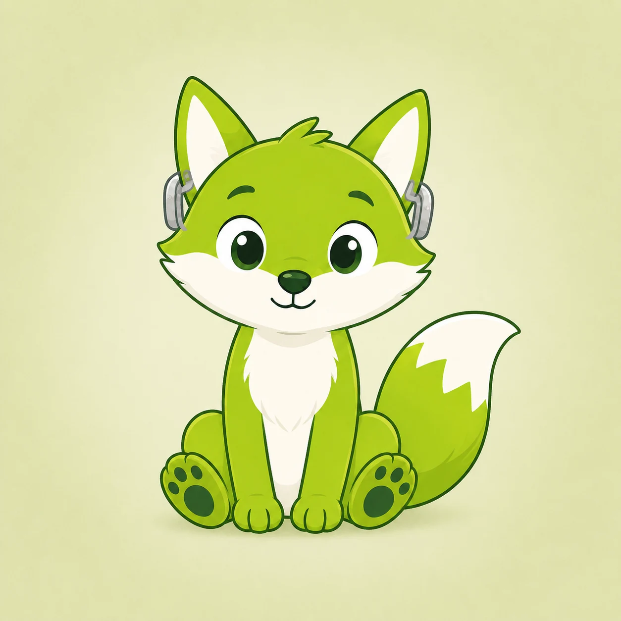 Mabel sits calmly with her curved white-tipped tail and gray hearing aids visible.
