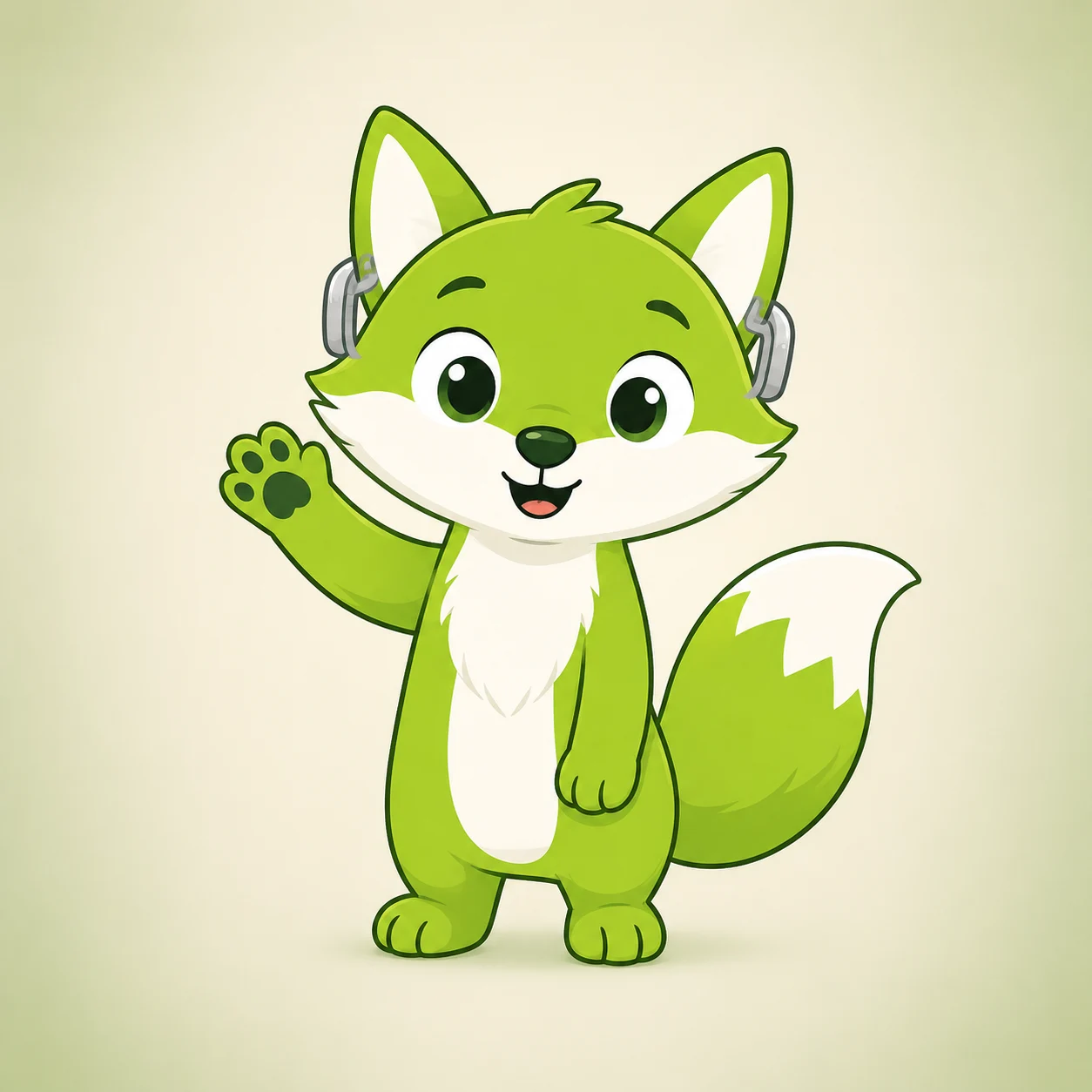 Mabel, a smiling green fox wearing light gray hearing aids behind her ears, waves hello.