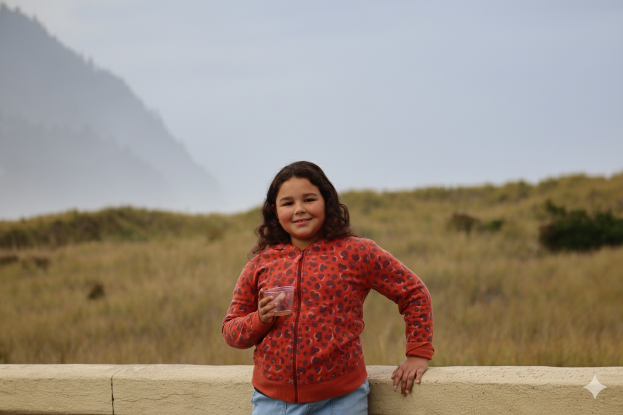 Amelia, a 10-year-old Hard of Hearing girl, smiling outdoors