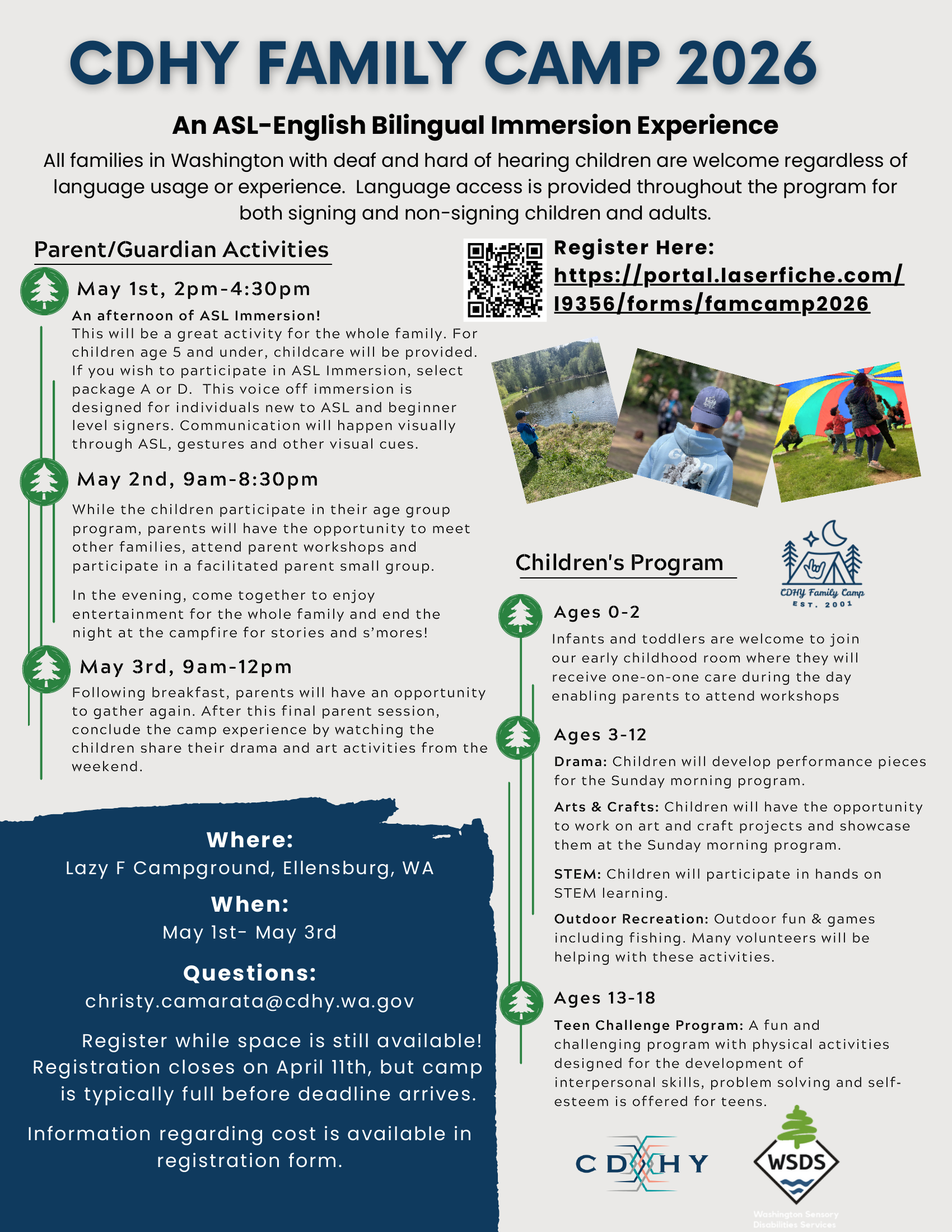 CDHY Family Camp 2026 - ASL-English Bilingual Immersion Experience at Lazy F Campground, Ellensburg WA, May 1-3. Open to all Washington families with deaf and hard of hearing children. Register before April 11.